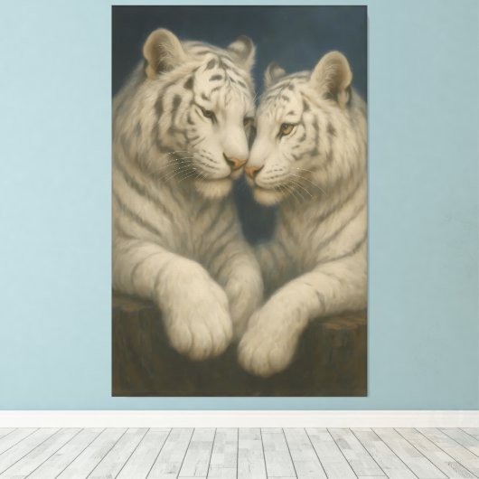 Toile Moonlit White Tigers – Tender Blue Night Embrace (Insitu (Plancher de Bois))