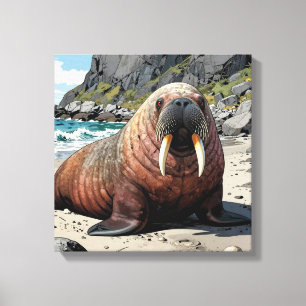 Toile Morse mignon sur une plage de sable