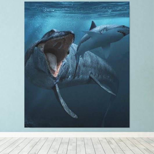 Toile Mosasaurus pourchasse le requin (Insitu (Plancher de Bois))