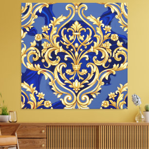 Toile Motif baroque damassé bleu royal et or