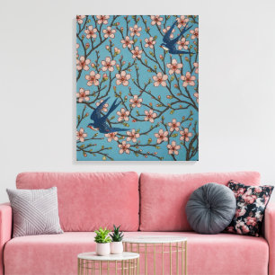 Toile Motif de l'hirondelle florale rétro bleu par Walte