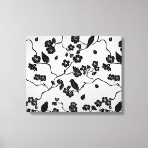 Toile Motif oiseaux et fleurs de cerisier noir sur argen