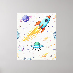 Toile Motif spatial Rocket et UFO   Planètes, étoiles et