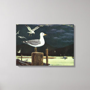 Toile Mouette vintage perchée sur une jetée, oiseaux mar