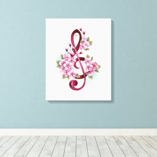 Toile Musical treble clef notes with Sakura flowers (Insitu (Plancher de Bois))