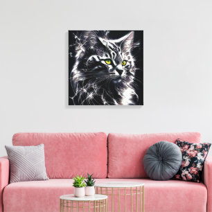 Toile Mystique en Noir et Argent - Chat Mystique