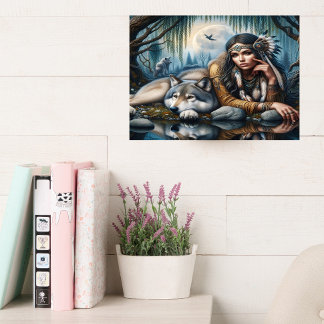 Toile Mystique Une Femme Amérindienne Avec Loups 16x12