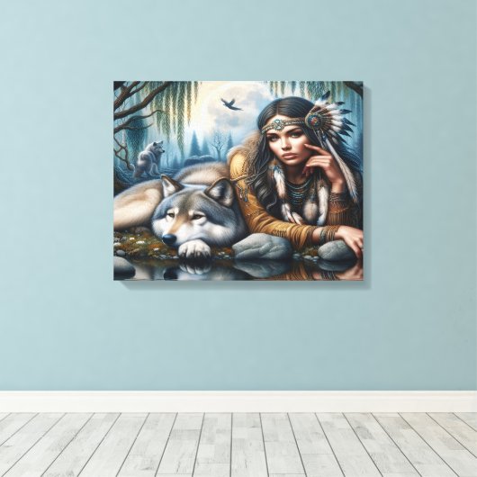Toile Mystique Une Femme Amérindienne Avec Loups 20x16 (Insitu (Plancher de Bois))