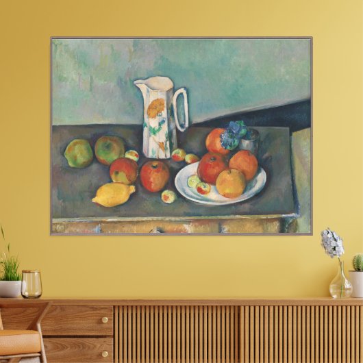 Toile Nature morte, Pot à lait et fruits sur une table, (Insitu(Salon))