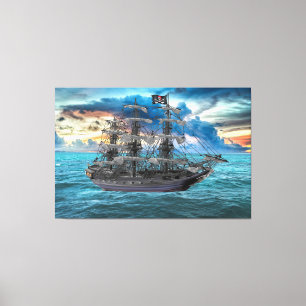 TOILE NAVIRE PIRATE ANCRÉ AU COUCHER DU SOLEIL