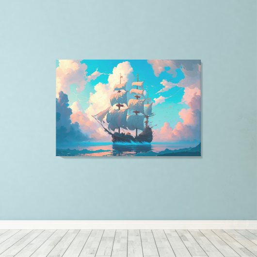 Toile Navire Pirate Naviguant Dans Les Nuages Pastel Flu (Insitu (Plancher de Bois))