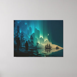 Toile Navires sous le croissant de lune et aurores boréa