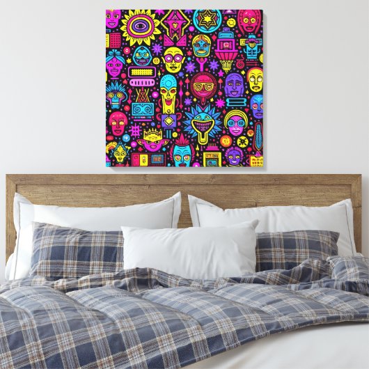Toile Neon Doodle Faces - Motif d'art de rue animé (Insitu(Chambre))