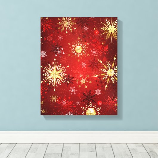 Toile Noël Golden Snowflakes sur Arrière - plan rouge (Insitu (Plancher de Bois))