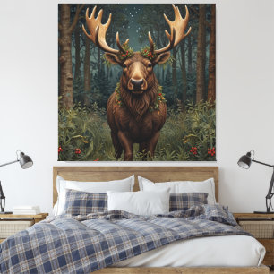 Toile Noël rustique élan cerf boho forêt boisée 