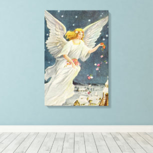 Toile Noël vintage ange victorien avec des étoiles roses