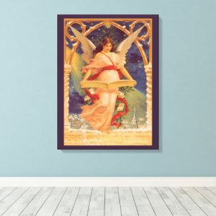 Toile Noël vintage, ange victorien lisant la Bible