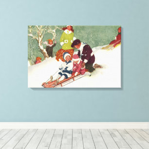 Toile Noël vintage, Enfants dormant dans la neige