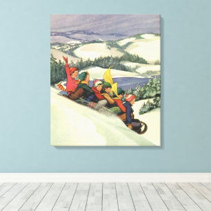 Toile Noël vintage, enfants faisant de la luge sur une m