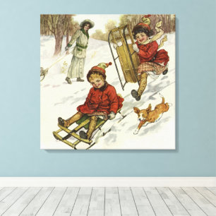 Toile Noël vintage, enfants victoriens faisant de la lug