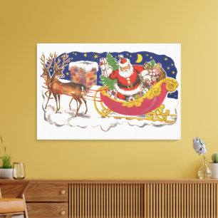 Toile Noël vintage, joyeux Père Noël avec traîneau