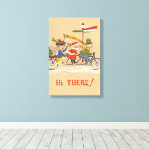 Toile Noël vintage, le Père Noël à bicyclette