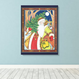 Toile Noël vintage, le Père Noël Cerf en forêt