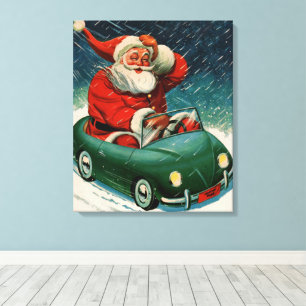 Toile Noël vintage, le Père Noël dans une voiture mignon