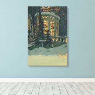 Toile Noël vintage, maison avec couronnes dans les fenêt