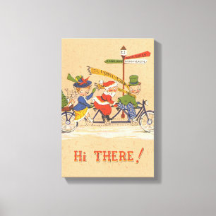 Toile Noël vintage, Père Noël à vélo