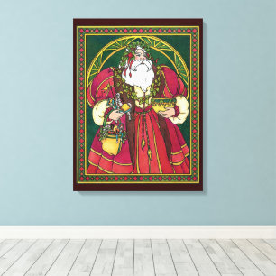 Toile Noël vintage, Père Noël avec feuilles de houx