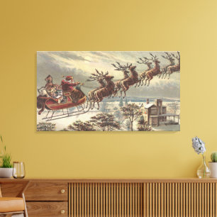 Toile Noël vintage, Père Noël victorien à Sleigh