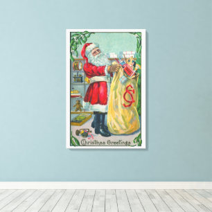 Toile Noël vintage, Père Noël victorien avec des jouets