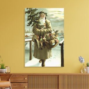 Toile Noël vintage, Père Noël victorien avec des jouets