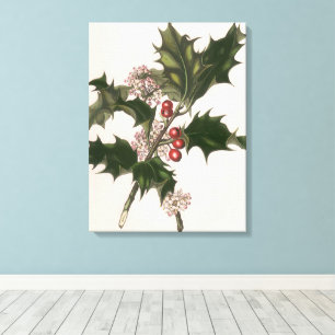 Toile Noël vintage, plante de houx avec des baies rouges
