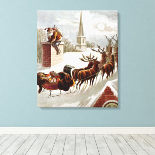 Toile Noël vintage, Saint Nicolas sur le toit