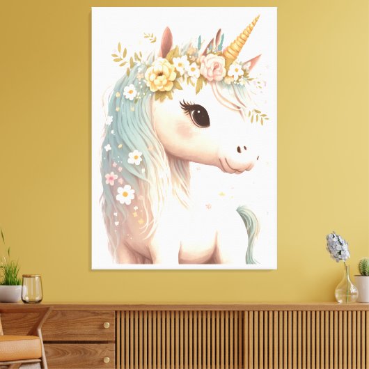 Toile Nursery de licorne élégante en aquarelle fleurie (Insitu(Salon))