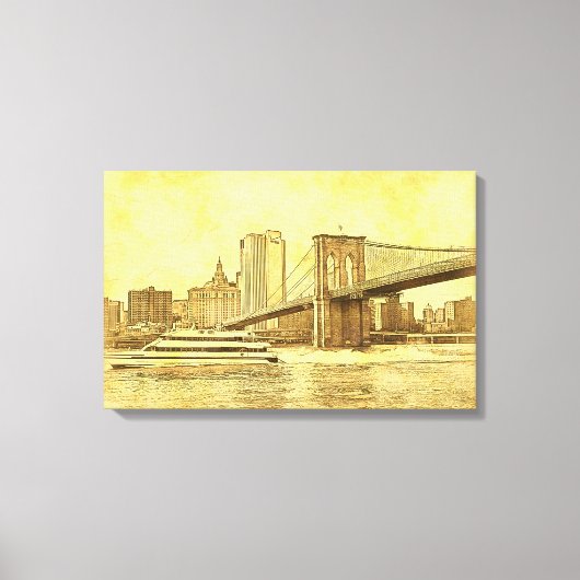 Toile NYC Skyline Brooklyn Bridge Boat Etched Look #1BR (Recto)