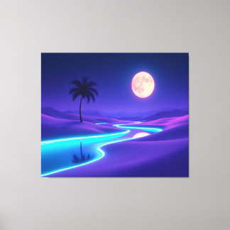 Toile Oasis Bleu Clair de Lune – Paysage de Nuit Déserti