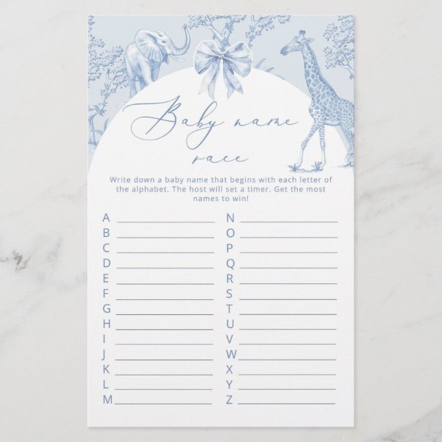 Toile Oerwoud Baby naam race baby shower spel (Voorkant)