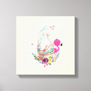 Toile Oeuf mignon, Flamant rose rose et lapin, Aquarelle