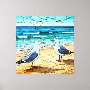 Toile Œuvre d'art en verre coloré de mouettes sur une pl