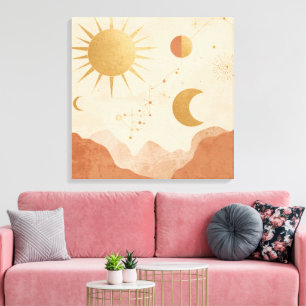 Toile Œuvre d'art murale Soleil Lune et Étoiles – Décor