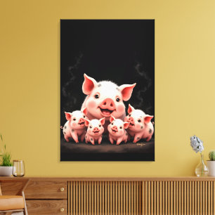 Toile Œuvre d'art porcine – Truie et porcelets