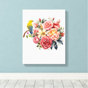 Toile Oiseau à l'aquarelle et fleurs roses