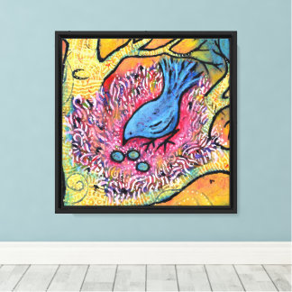 Toile Oiseau bleu dans un nid avec des œufs