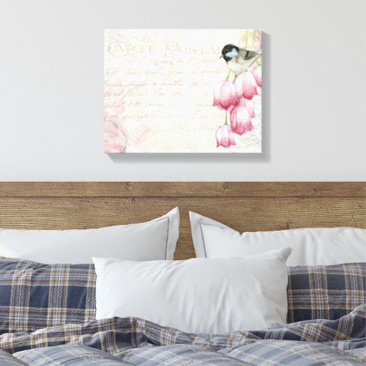 Toile Oiseau et fleurs avec écriture manuscrite Shabby V (Insitu(Chambre))