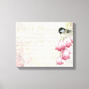 Toile Oiseau et fleurs avec écriture manuscrite Shabby V