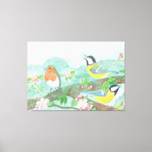 Toile Oiseaux chantant sur une branche d'arbre en fleurs