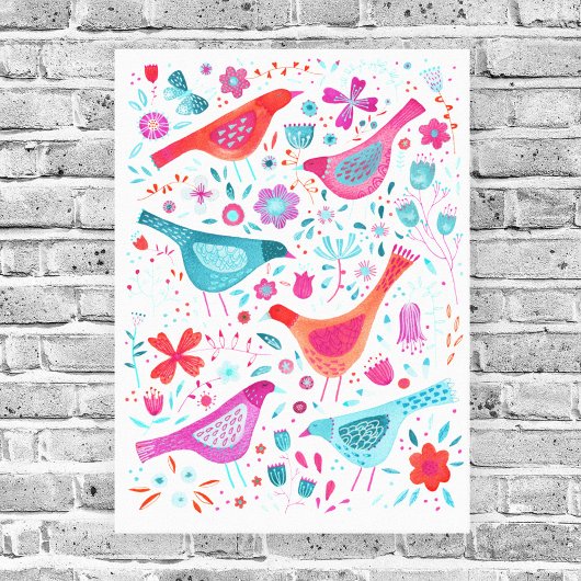 Toile Oiseaux d'aquarelle dans un jardin de fleurs peint